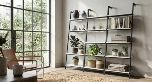 Rustic wooden ladder shelving unit arranged in a home office setup with books and stationery.