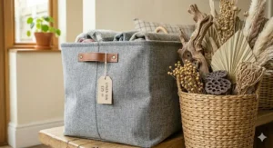 A photorealistic illustration of a utility room counter with a large, bulbous seagrass basket overflowing with towels and laundry. Behind it are cleaning supplies and more folded items. This eco-friendly, under £30 solution sits next to tiled walls, offering ample space for household organisation.