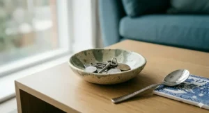 A small, intricate decorative bowl perfect for holding keys or trinkets on a living room table.
