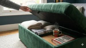 Close-up of a green velvet storage footstool interior with a built-in shelf, containing books and tea.