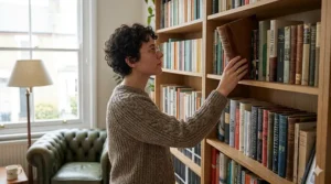 A sturdy solid wood bookcase filled with books in a contemporary British living room setting.