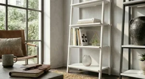 Eco-friendly and sturdy bamboo ladder storage unit suitable for bathrooms or bedrooms.