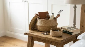 Natural seagrass underbed storage baskets used to keep a bedroom tidy and clutter-free.