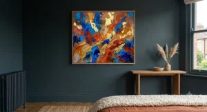 Vibrant abstract wall art acting as a bold colour pop against a dark, moody painted wall.