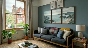 Detailed 3-piece canvas art set depicting a vintage-style map of London, adding a sophisticated, local touch to the room.