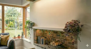 Wall-mounted industrial floating shelves above a fireplace.