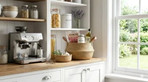 Large wicker storage baskets filled with soft wool throws in a cosy living room setting.