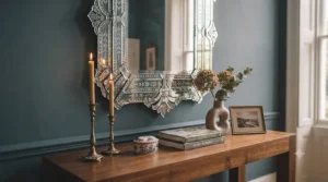 A styled vignette featuring an affordable Venetian-style mirror surrounded by candles and home accessories.