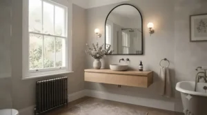 Sleek bathroom vanity featuring a minimalist arched mirror with wall lighting.