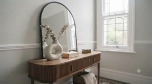 Decorative arched wall mirror styled above a fluted oak console table with a blue vase and dried flowers in a bright entryway.