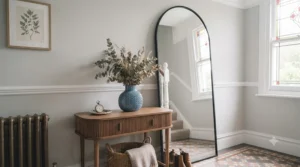 A floor-standing black arched mirror positioned in a welcoming home entryway with a console table and rug.
