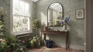 Elegant arched window-style mirror placed in a bright conservatory area.
