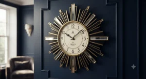 An elegant Art Deco-style wall clock showcasing geometric symmetry and metallic accents against a dark feature wall.