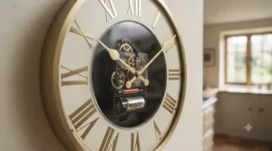 Close-up of a battery-operated large wall clock, highlighting the quality finish and craftsmanship.