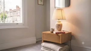 A modern bedside table lamp with a built-in USB charging port for convenient device charging.