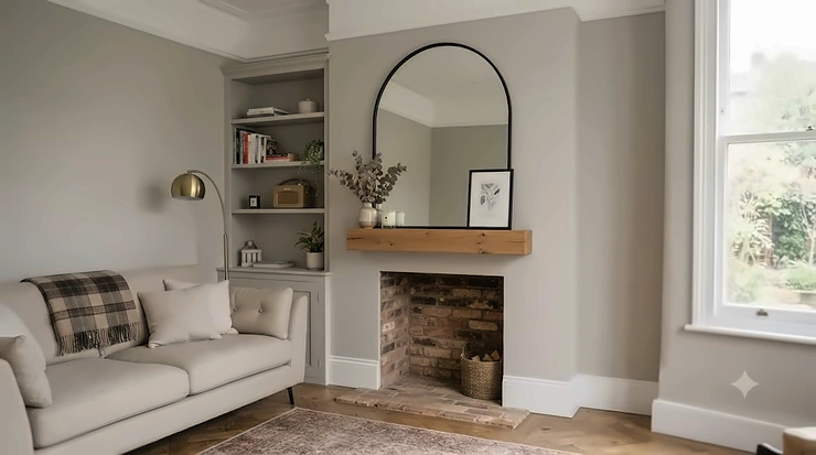A large, gold-framed arched mirror leaning against a neutral-toned wall. best arched mirrors