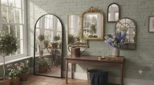 A collection of various arched mirror styles displayed on a white gallery wall.