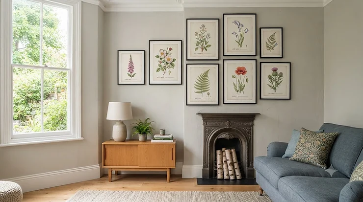 A curated gallery wall showcasing the best botanical prints in elegant wooden frames. best botanical prints