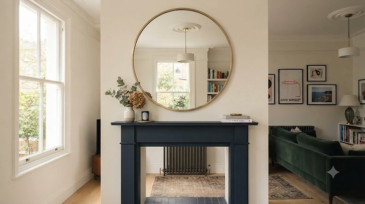 A selection of the best round mirrors featuring brass and black metal frames styled in a modern British living room. best round mirrors