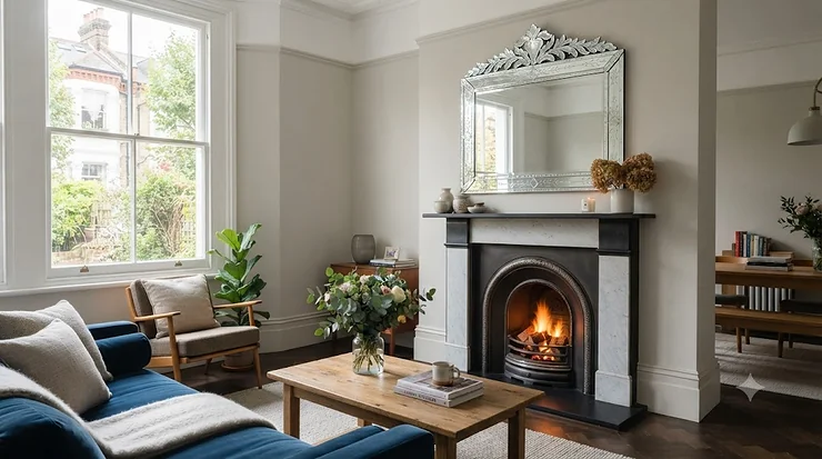 Elegant Venetian mirror hanging in a modernised Victorian hallway, representing the best Venetian mirrors for British interiors. best Venetian mirrors