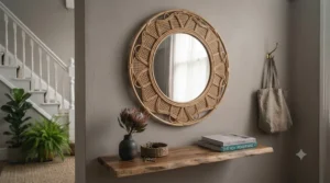 Decorative boho rattan-framed wall mirror adding warmth to an entryway.