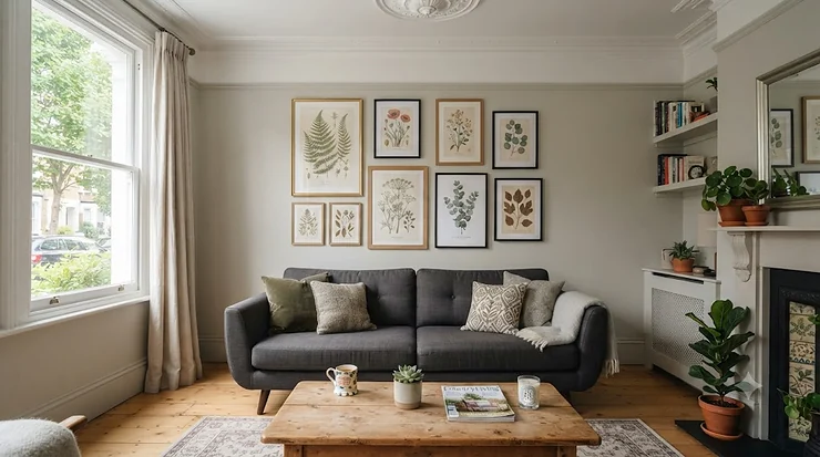 Framed botanical gallery wall set styled above a living room sofa. botanical gallery wall sets