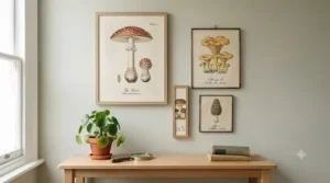 Close-up of gallery wall styling with botanical prints and gold frames.