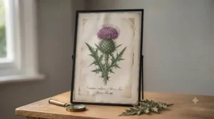 Elegant botanical print displayed in a brightly lit living room with cottagecore decor.