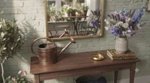 Close-up shot showing the high-quality brass finish of an arched mirror frame.