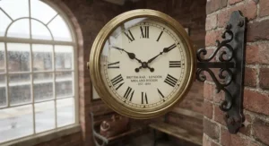 A classic brass railway station wall clock mounted on a sturdy metal bracket, reminiscent of old British transit hubs.