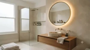 Modern bathroom with a brushed gold round mirror mounted above a vanity basin.