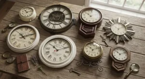 A curated collection of diverse vintage wall clocks displayed together to showcase varying face styles and materials.