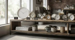 Selection of budget-friendly silent clocks displayed on a shelf for under £40.