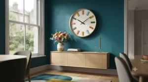 Vibrant accent silent wall clock adding a pop of colour to a modern British dining room.