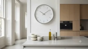 Contemporary large wall clock with black hands and a clean face, adding focus to a kitchen wall.