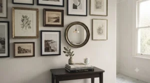 A small decorative round mirror as part of a curated gallery wall in a Victorian terrace home.