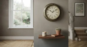 Vintage-style decorative silent wall clock adding character to a hallway.