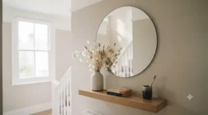 Sleek frameless round mirror creating a sense of space in a narrow hallway.