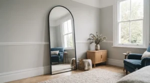 Full-length arched floor mirror with a minimal black frame reflecting a deep blue armchair in a serene bedroom.