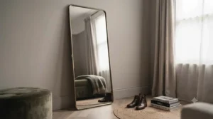 Modern full-length standing floor mirror perfect for dressing rooms or bedrooms.