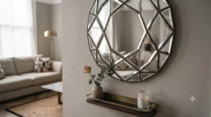 Contemporary geometric hexagonal mirror for a bold statement decor look.