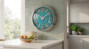 An abstract geometric wire-frame wall clock mounted against a dark feature wall in a modern home office.