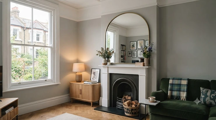 Large gold-framed arched mirror above a traditional cast-iron fireplace in a modern living room with a bay window. arched mirrors under £120