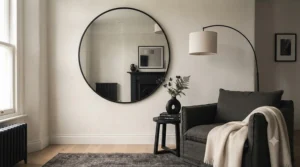 Industrial-style round mirror with a matt black finish, adding a focal point to a monochrome lounge.