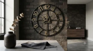 An industrial-style black metal wall clock hanging in a contemporary British apartment, priced under £80.