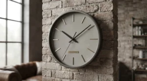 Industrial metal-framed silent wall clock styled against an exposed brick wall.