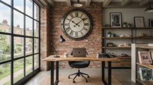 Large wall clock featuring an industrial metal frame and exposed Roman numerals for an office space.
