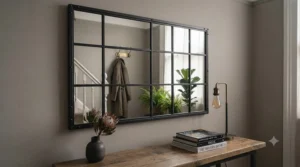 Industrial-style metal-framed mirror enhancing depth in a compact living space.