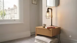 An industrial-style bedside table lamp with an exposed filament bulb and aged brass pipework.