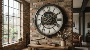 An oversized antique-style wall clock with exposed rustic metal cogs, serving as a focal point in a spacious hallway.